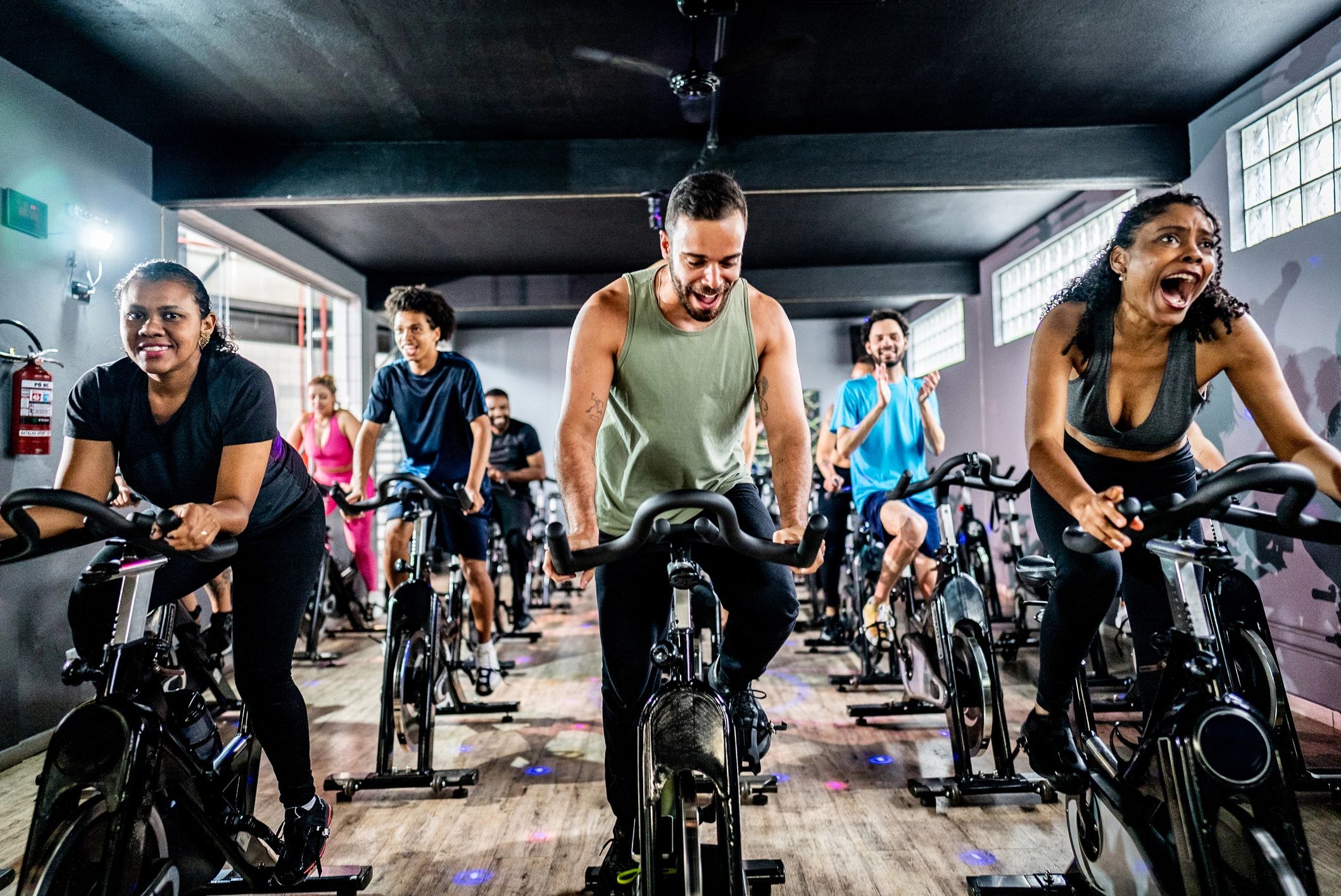 Indoor cycling class at a fitness center